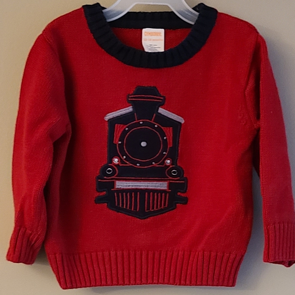 Red and navy train knit pullover sweater